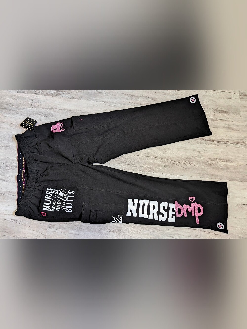 Nurse Drip Black & Pink Glitter Medical Scrub Pants LG
